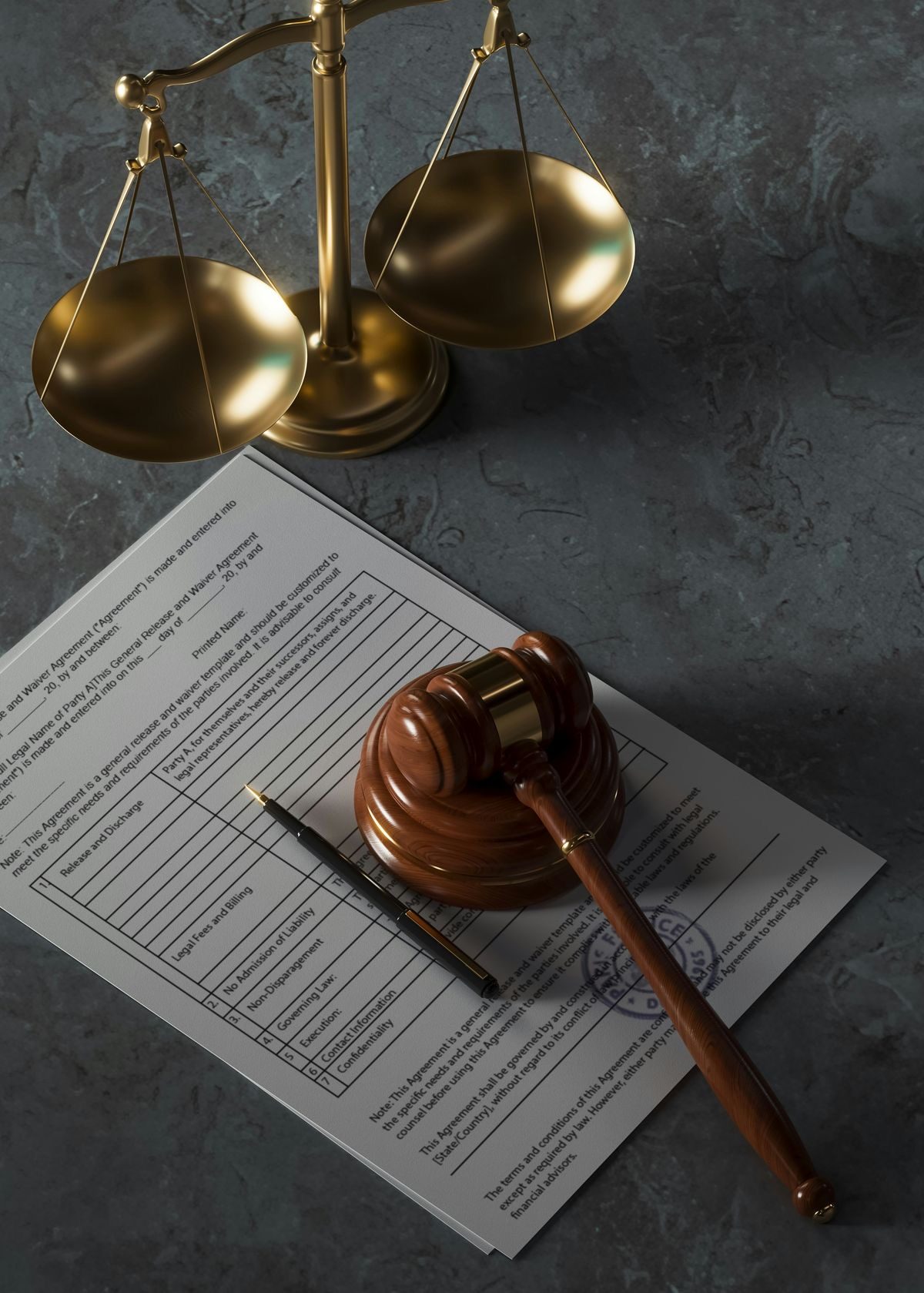 Scales of justice and a gavel resting on a legal document