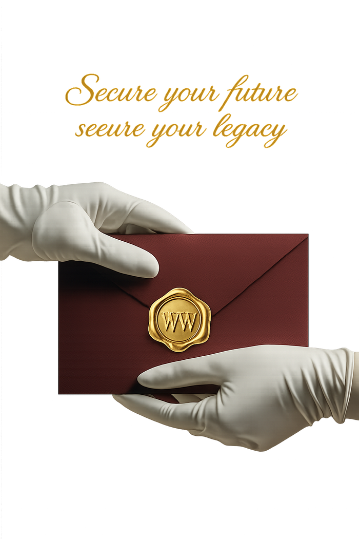 A sealed Will Writers London envelope, held with white gloves