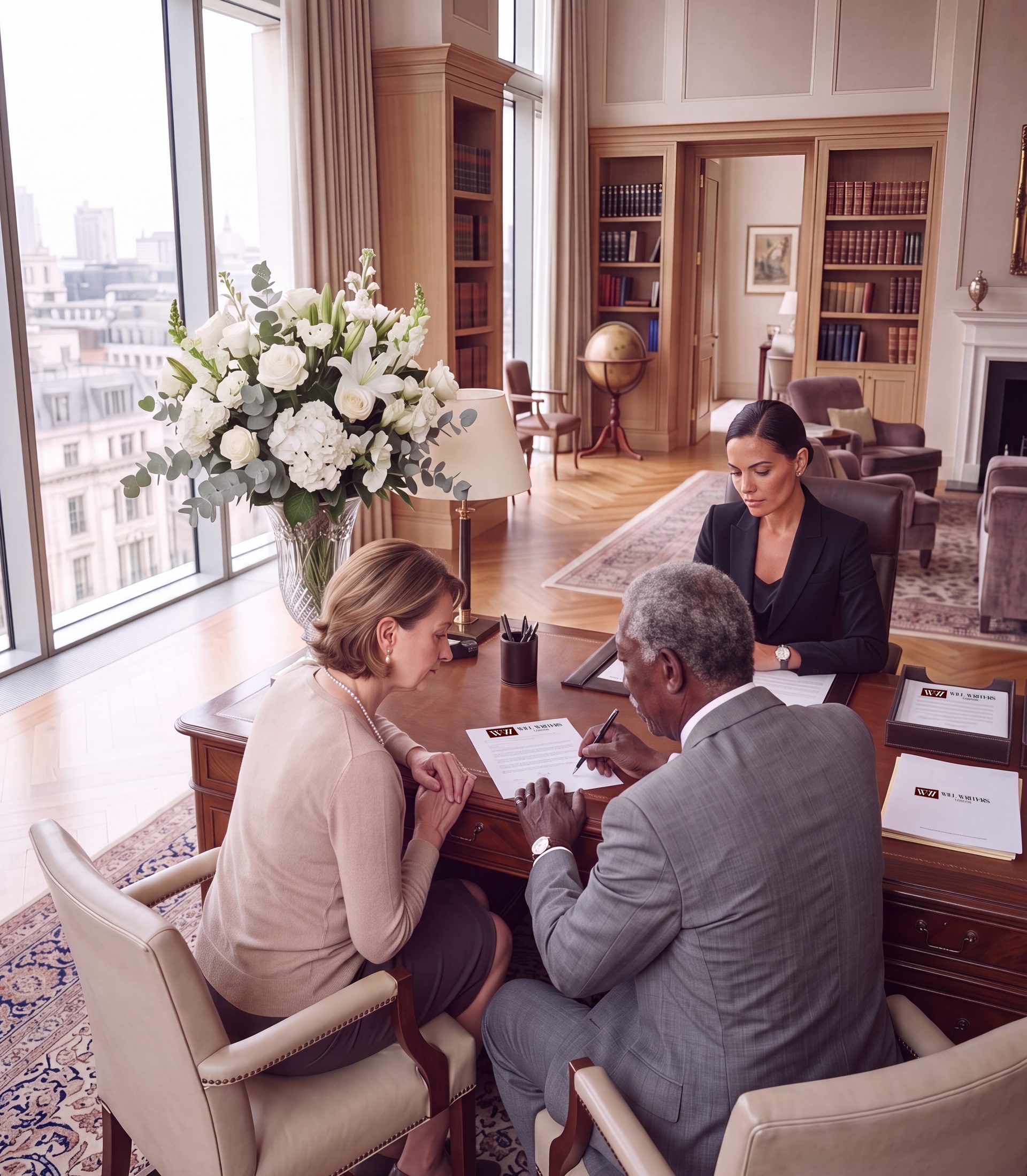 A Will Writers London consultant reviewing a Will document with clients in a wood-panelled consultation office